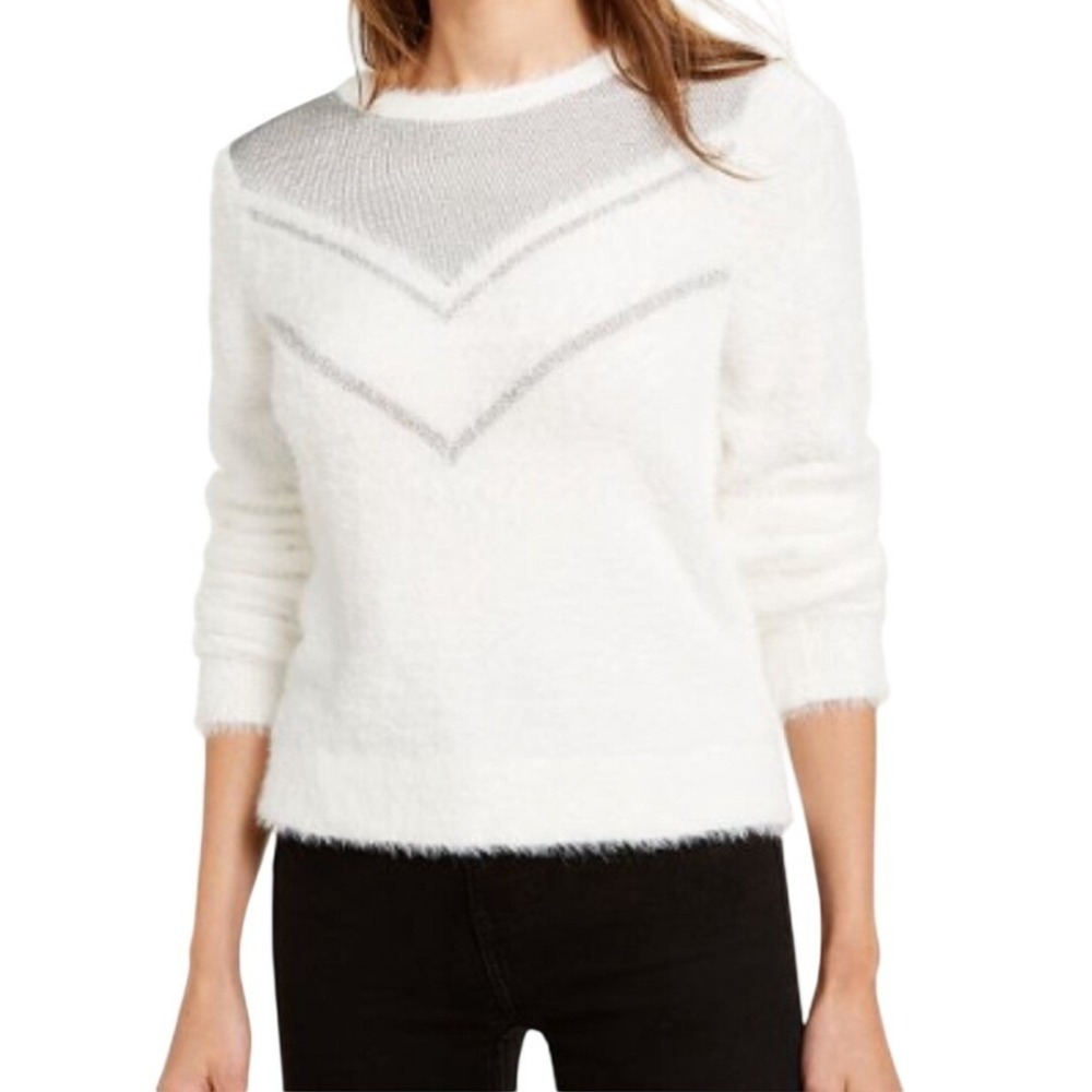 Bar III Womens Winter Fuzzy Eyelash Sweater Metallic Chevron Sz L White Crewneck